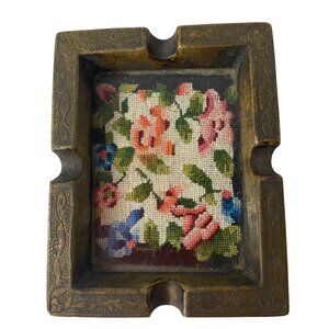 Vintage Miniature Brass Ashtray Floral Petit Point Needlepoint Inlay Victorian